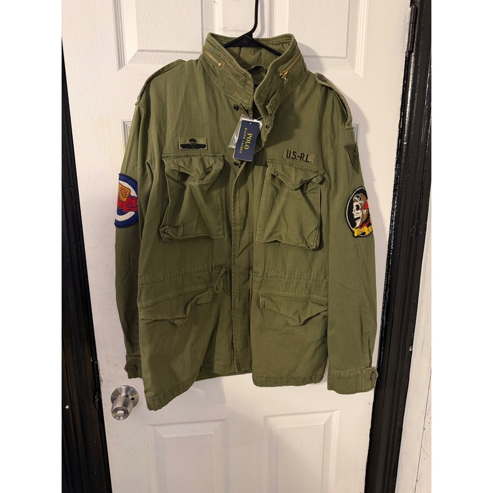 Polo Ralph Lauren Mens Military M-65 Field Jacket Olive Green Patches Large NWT